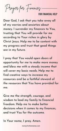 a poem written in pink and white with the words prayer for financial help on it