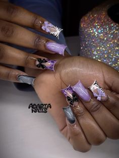 Purple Birthday Nails Coffin, Medium Nails Purple, Black N Purple Nails, Purple And Grey Nail Ideas, Purple Nails For Birthday, Prom Nails Purple Dark, Purple Theme Nails, Purple Cheetah Print Nails, Nail Ideas Acrylic Purple