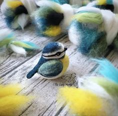 a blue and yellow bird sitting on top of a pile of wool flecks