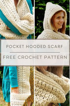 4 images of a crochet pocket hooded scarf being worn in various positions Crochet Hooded Scarf Pattern Free Easy, Crochet Pocket Shawl Free Pattern, Crochet Hooded Scarf Pattern Free, Crochet Pocket Shawl, Hooded Cowl Pattern, Crochet Hooded Scarf Pattern, Pocket Crochet, Crochet Hooded Cowl, Shawl Free Pattern