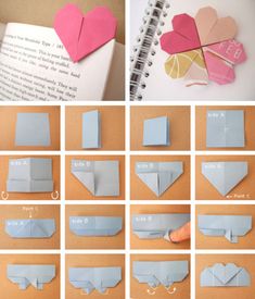 step by step instructions on how to make origami hearts and flowers from paper