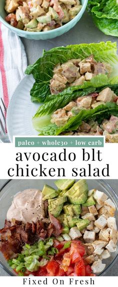 lettuce, avocado, and chicken salad with text overlay