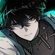 an anime character with black hair and blue eyes looking at the camera while wearing a leather jacket