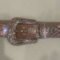 A Pink Western Belt With A Large Western Buckle With Swarovski Crystals And An Iridescent Pink Belt Strap With The Same Crystals. The Belt Is In Excellent Condition. Marked Size M And Is 39” Long. Made In The Usa. Bb Belt, Bling Belt, Jeweled Belts, Bling Belts, Pink Belt, Western Buckles, Western Belt, List Ideas, Western Belts