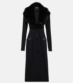 Faux-fur trimmed silk georgette coat  in black - Dolce Gabbana | Mytheresa Black Fur Coat, Shawl Collar, Fur Trim, Long Coat, Black Coat, Designing Women, Fur Coat, Faux Fur