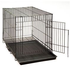 two metal cages with one open and the other closed, both are black in color