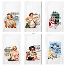 four tea towels with pictures of women in different outfits and sayings on the front