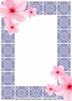 a blue and white frame with pink flowers