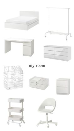 an assortment of white furniture with the words my room above it