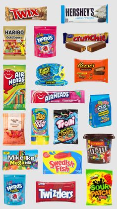 various types of candy are shown in this graphic style, with the names and colors on them