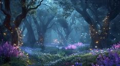 a forest filled with lots of purple flowers and trees covered in fairy lights at night