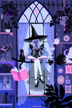 an illustration of a witch sitting on a window sill reading a book while holding a black cat