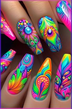 Neon Nails Butterfly, Vw Nails, Neon Glow Nails, Satanic Nails, White Nails With Butterflies, Trippy Nails, Nails With Butterflies