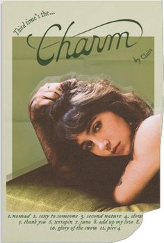 a woman laying on top of a bed next to a green sheet with the words charm