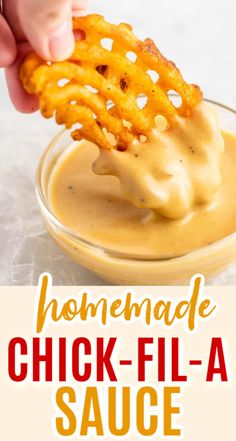 homemade chicken - fil - a sauce in a glass bowl with a hand dipping it