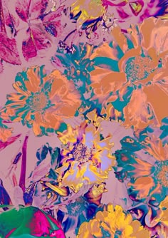 an abstract painting of colorful flowers on a pink background