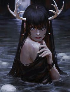 a woman in the water with horns on her head