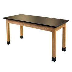 a wooden table with black top on white background