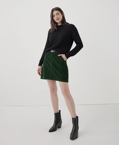 Women’s Classic Corduroy Skirt made with Organic Cotton | Pact Green Courderoy Skirt Outfit, Green Corduroy Skirt Outfit, Corduroy Skirt Outfit, White Striped Skirt, Green Mini Skirt, Skirt Trends, Carbon Neutral, Corduroy Skirt, Green Skirt