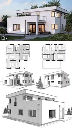 two story house plan with three levels and lots of windows on each floor, in the middle