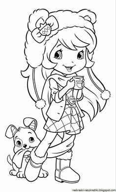 a coloring page with a girl and her dog