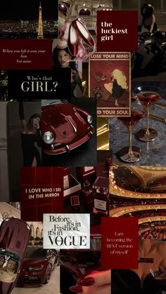 the collage shows many different types of red and gold items, including an old fashion car