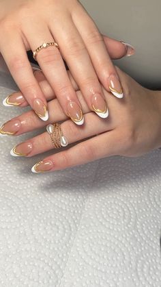 French nails French Tip And Gold Nails, Gold French Tip Nails Square, White French Tip Nails With Gold, White And Gold French Tip Nails Square, French Tip With Gold, French Tips With Gold Accent, Gold Chrome Nail French Tip, Gold Outline French Tip, Gold Frenchies Nails