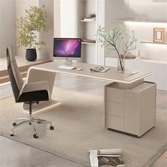 an office with a desk, chair and computer on the rug in front of it