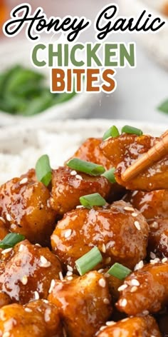 honey garlic chicken bites on a plate with chopsticks