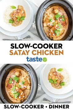 the slow cooker is ready to be eaten and served with rice, chicken and cilantro