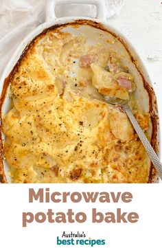 an advertisement for microwave potato bake on a white plate with a spoon in it