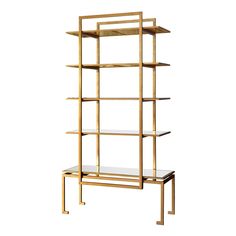 a gold book shelf with glass shelves on each side