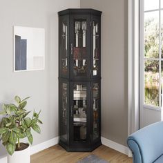 a corner cabinet with glass doors in a living room next to a blue chair and potted plant