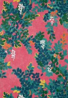 a pink background with green leaves and white flowers on the bottom half of it,