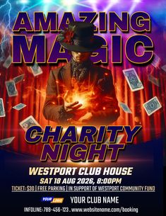 a flyer for the charity night with an image of a man in top hat and tie