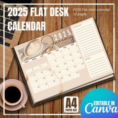 a desk calendar with coffee and laptop on it