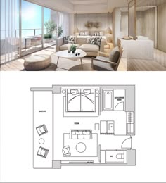 the floor plan for an apartment with two separate rooms and one living room in it