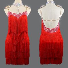 a red flap dress with fringes and beading on the neckline is shown