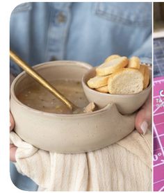 two pictures one has a bowl of soup and the other has bread sticks in it