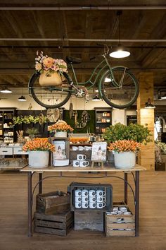 a bike hanging from the ceiling in a store with flowers and plants on it's stand