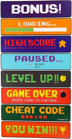 a bunch of different types of video games on a white background with the words, loading high score pause level up game over