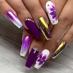 Bright Purple Nails Design, Bright Purple Nails, Purple Chrome Nails, Purple Nail Art Designs, Purple Ombre Nails, Bright Nail Art, Engagement Nails, Funky Nail Art, Purple Nail Art