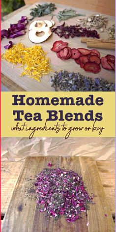 homemade tea blends on a cutting board with flowers and herbs in the middle, including dried