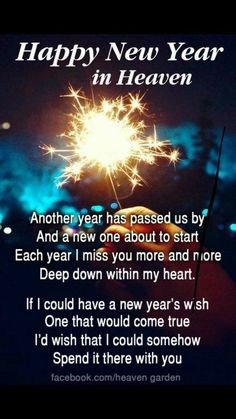 fireworks with the words happy new year in heaven written on it and an image of a person holding a sparkler