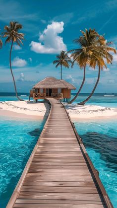 a dock leading to a hut on an island with palm trees