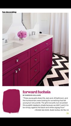 the interior of a bathroom with purple furniture and accessories in it, along with an image of a woman's face