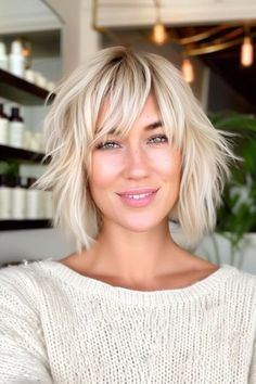 Women Short Shag Hairstyles, Tapered Bob With Bangs, Shag Hairstyle With Bangs, Shag Bob Haircut With Bangs, Shag Lob With Bangs, Blonde Hairstyles Medium Length, Medium Bob With Bangs, Short Shag With Bangs, Shag Short