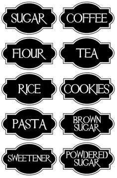 black and white labels with the words sugar, flour, rice, coffee, brown sugar, sweetener, flour