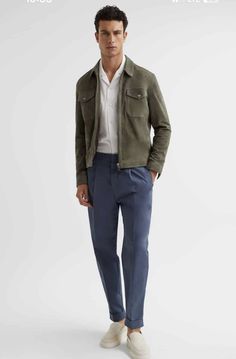 Casual Spring Outfits 2023 Men, Green Suede Jacket Outfit Men, Green Suede Jacket Outfit, Suede Loafers Men Outfit, Suede Loafers Outfit, Navy Pants Outfit, Traveling Clothes, Blue Outfit Men, Green Jacket Outfit