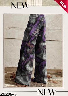 Women's Purple White Noise Print Casual Wide Leg Pants Fall Mid-rise Baggy Pants, Fall Baggy Mid-rise Pants, Baggy Mid-rise Pants For Fall, High-rise Pants With Loosely Fitted Hips For Fall, Baggy Mid-rise Wide Leg Pants For Fall, Purple Wide Leg Bottoms For Fall, Wide Leg Purple Bottoms For Fall, Trendy Non-stretch Purple Bottoms, Purple Straight Leg Bottoms For Fall